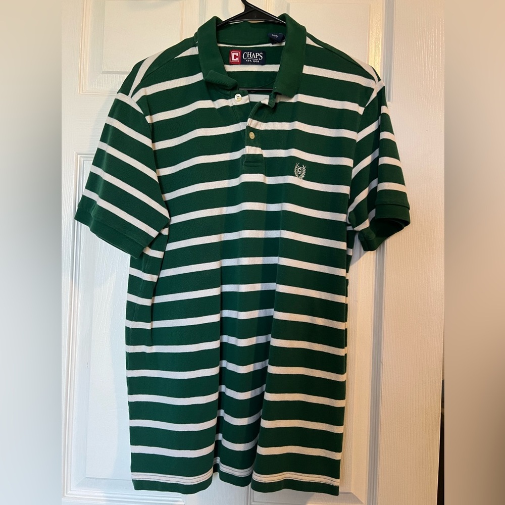 Chaps Green and White Striped Polo